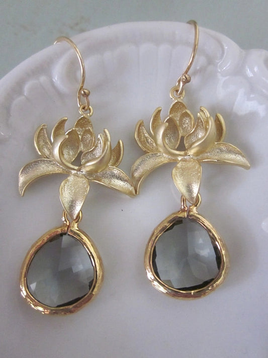 Charcoal Gray & Gold Blossom Earrings