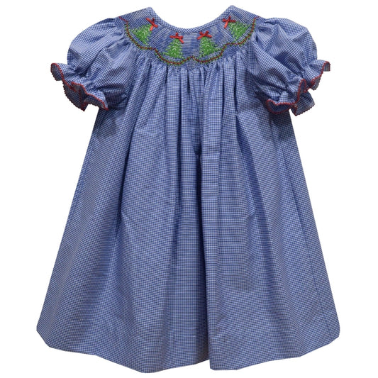 Christmas Tree Smocked Royal Short Sleeve Girls Bishop