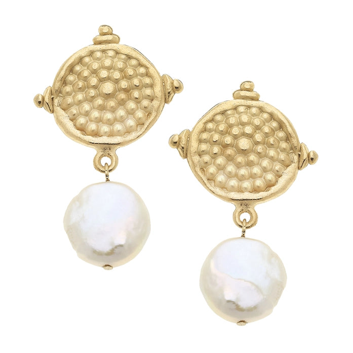 Dotted Gold Coin Pearl Drop Clip Earrings