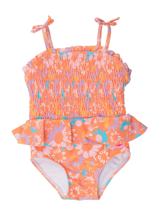 Coral Floral Peplum Smocked Bodice One Piece