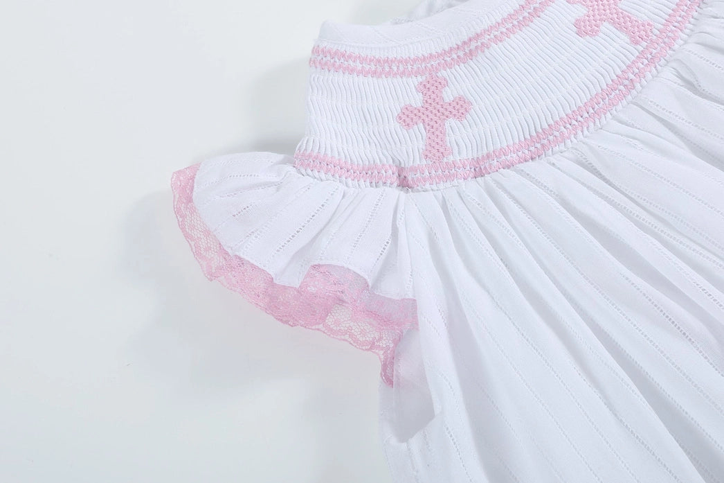 White and Pink Cross Smocked Bishop Dress