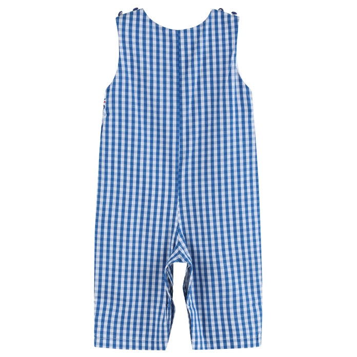 Dark Blue Gingham Emergency Vehicle Smocked Overalls