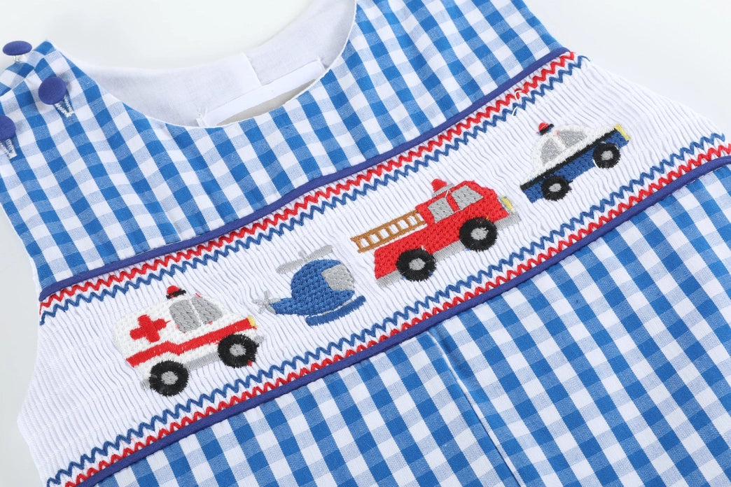 Dark Blue Gingham Emergency Vehicle Smocked Overalls