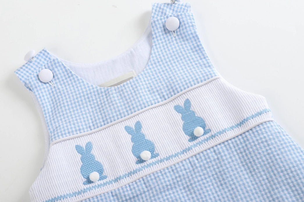 Blue Gingham Easter Bunny Smocked Shortalls