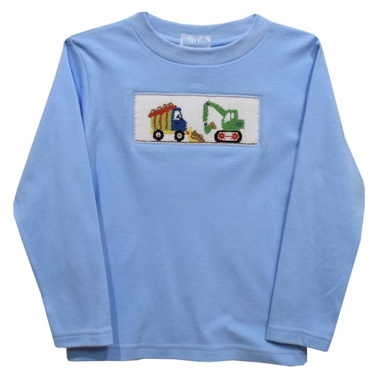 Excavator & Truck Smocked Light Blue Knit Long Sleeve Boys T-Shirt