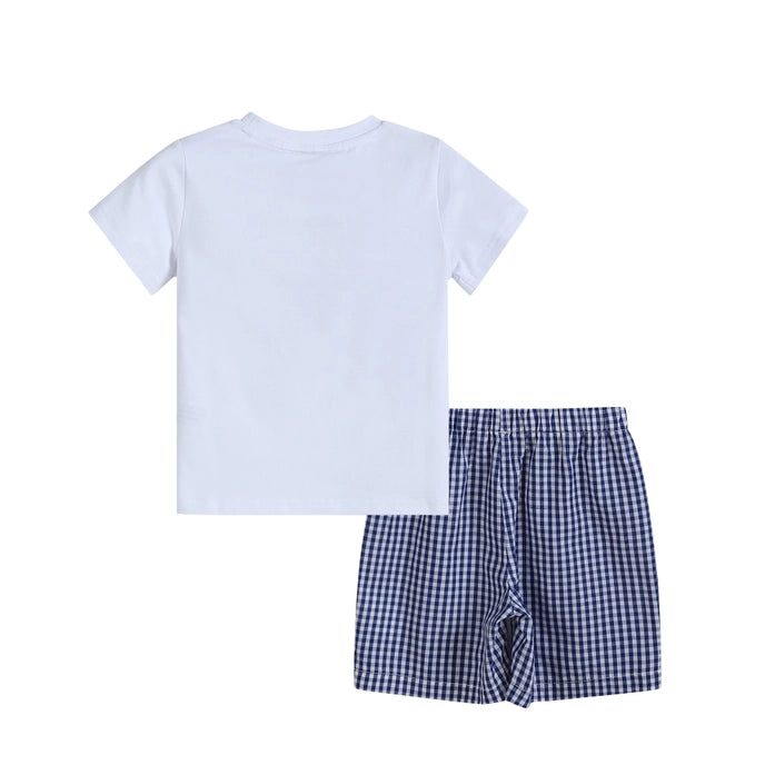 Royal Blue Gingham American Flag Shirt and Shorts Set