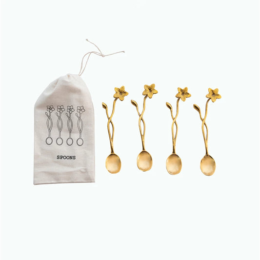 Brass Flower Handle Spoon Set Of 4