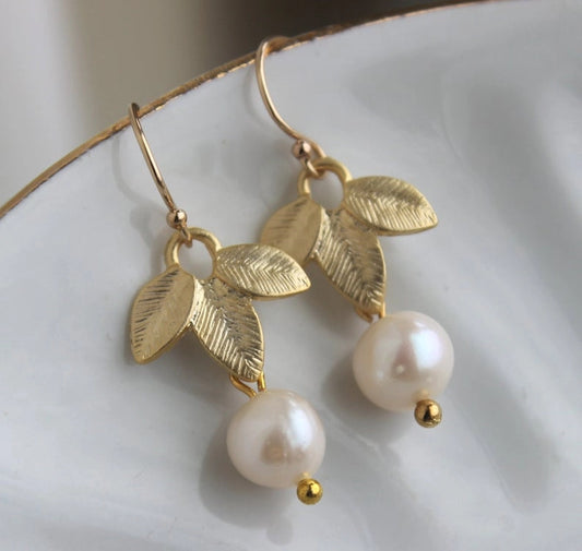 Freshwater Pearl & Gold Leaf Earrings