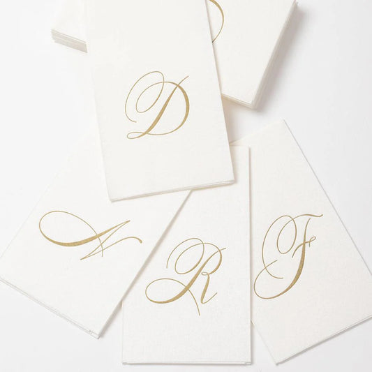 White Pearl & Gold Paper Linen Single Initial Boxed Guest Towel Napkins