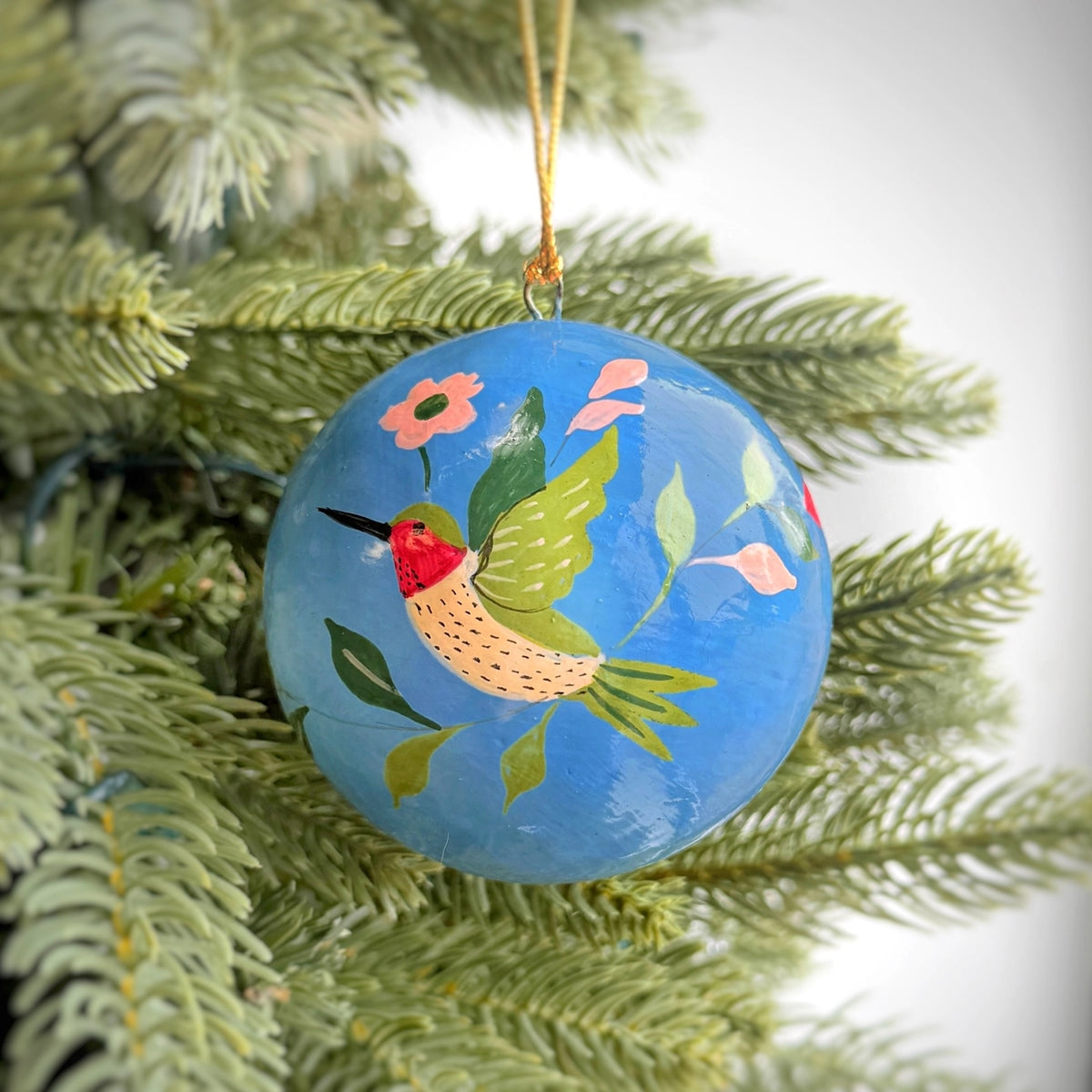 Ruby Throated Hummingbird Paper Mache Ball Ornament