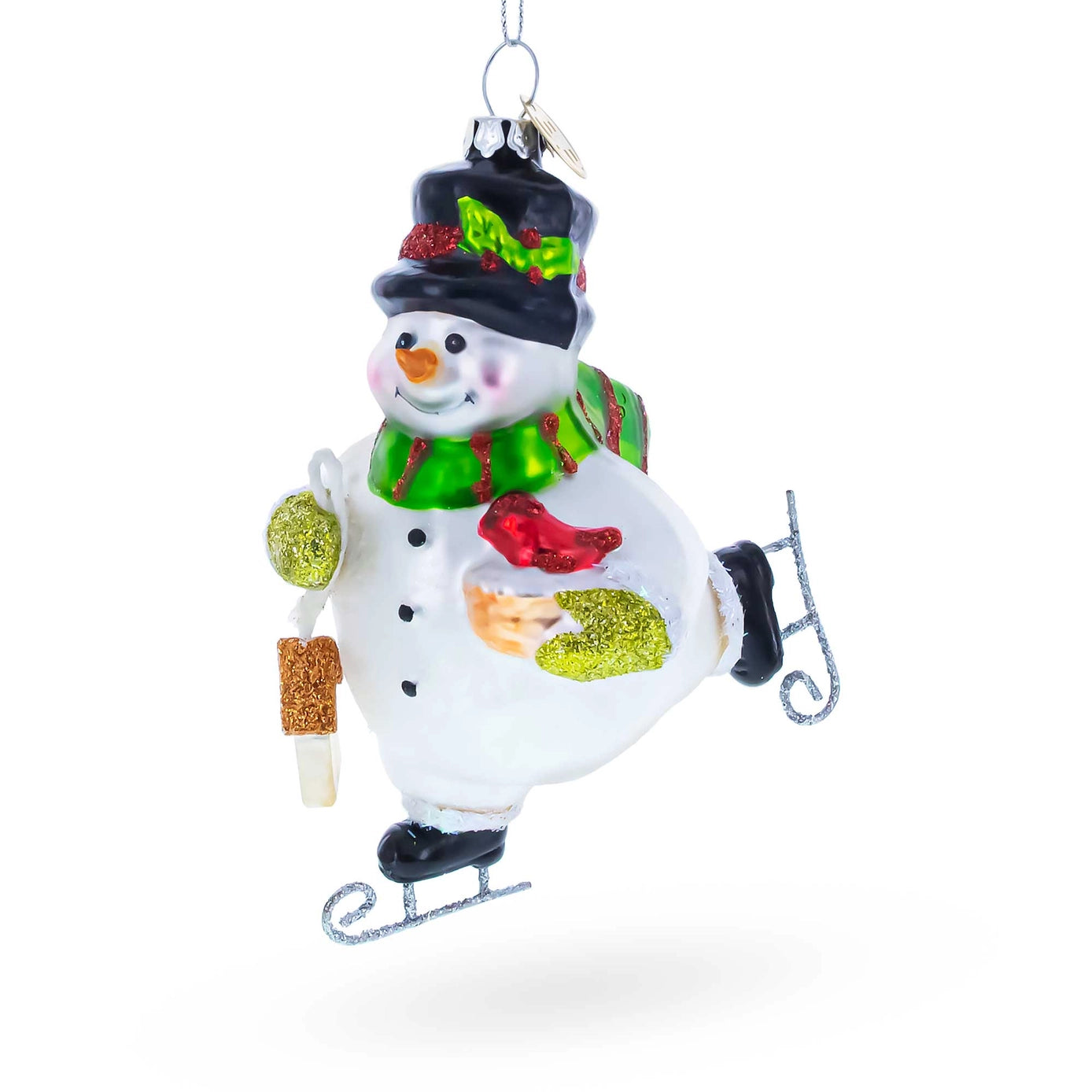 Ice Skating Snowman with Birdhouse Glass Christmas Ornament