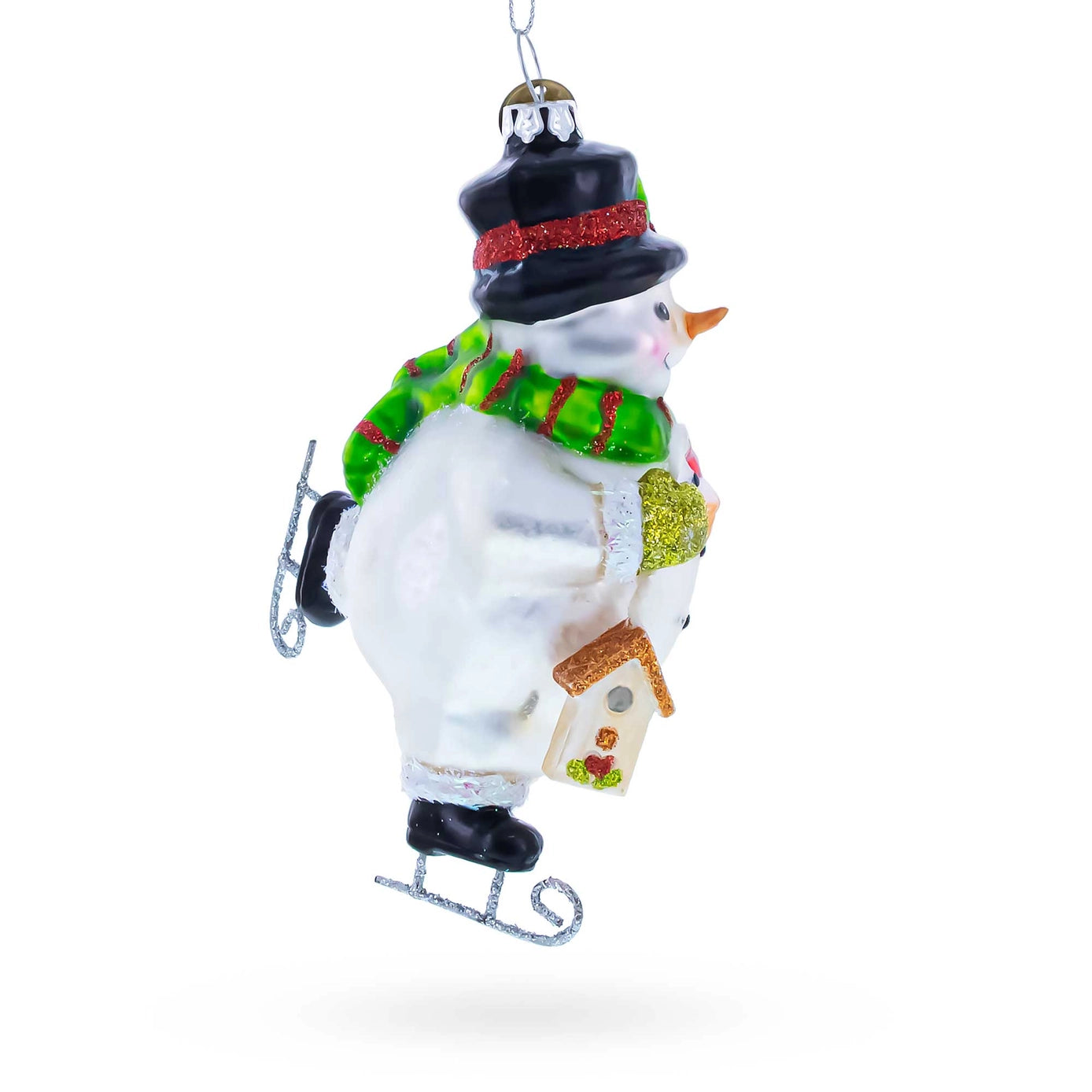 Ice Skating Snowman with Birdhouse Glass Christmas Ornament