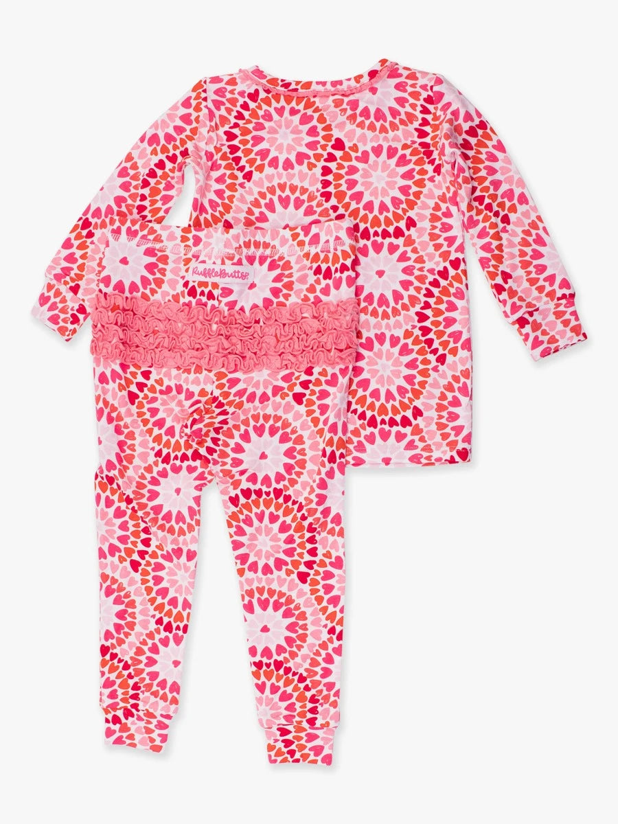 Pink Kaleidoscope Hearts Ruffle Long Sleeve Pajama Set