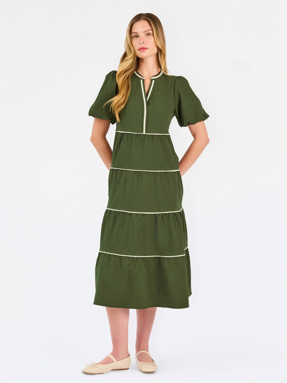 Kinsley Olive Seersucker Midi Dress