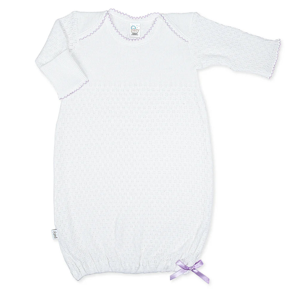Paty Knit Overlap Shoulder Gown – White With Lavender Trim and Bow