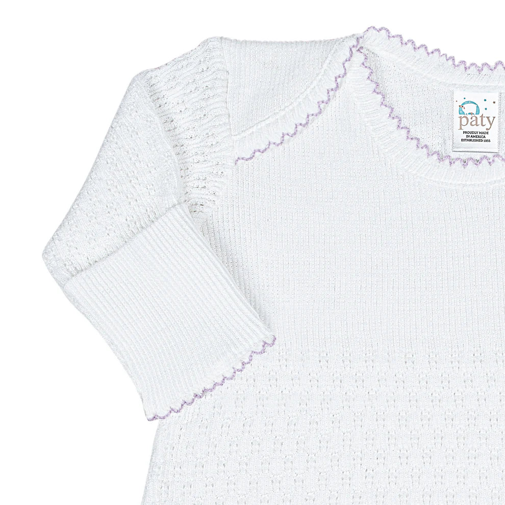 Paty Knit Overlap Shoulder Gown – White With Lavender Trim and Bow