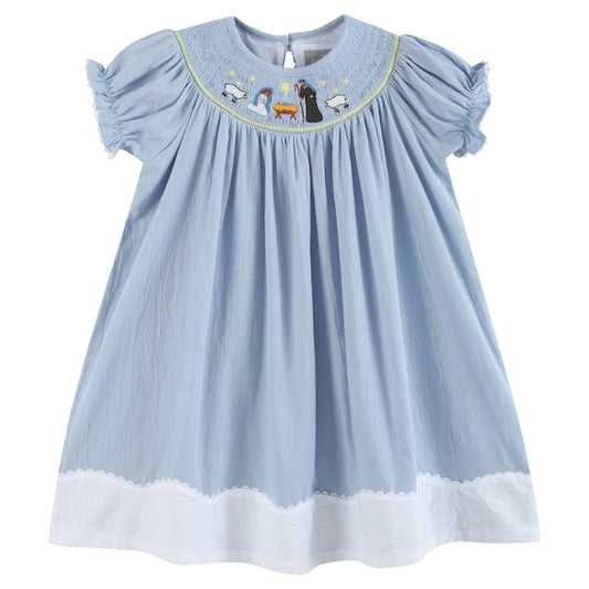 Light Blue Nativity Smocked Bishop Sleeve Dress