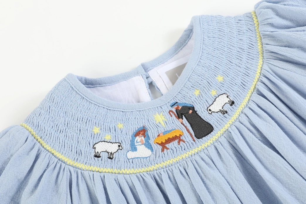 Light Blue Nativity Smocked Bishop Sleeve Dress