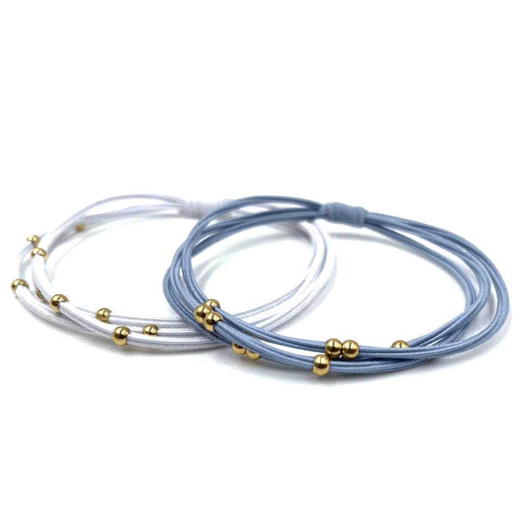 3mm Gold Water Pony Waterproof Bracelet Hair Bands in Light Blue and White