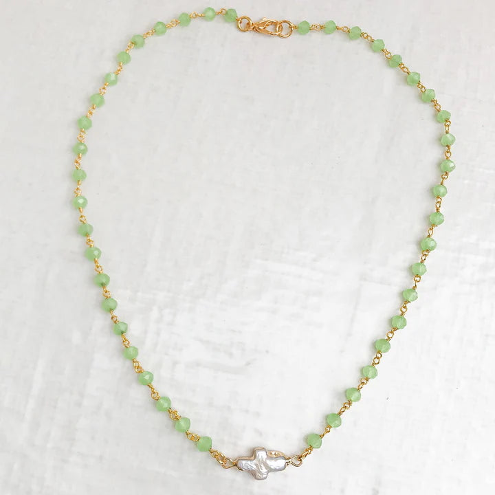 Pearl Bezel Cross Rosary Necklace