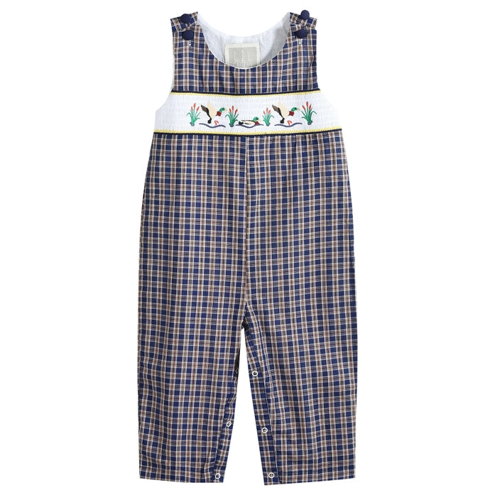 Blue Flannel Plaid Mallard Smocked Overalls