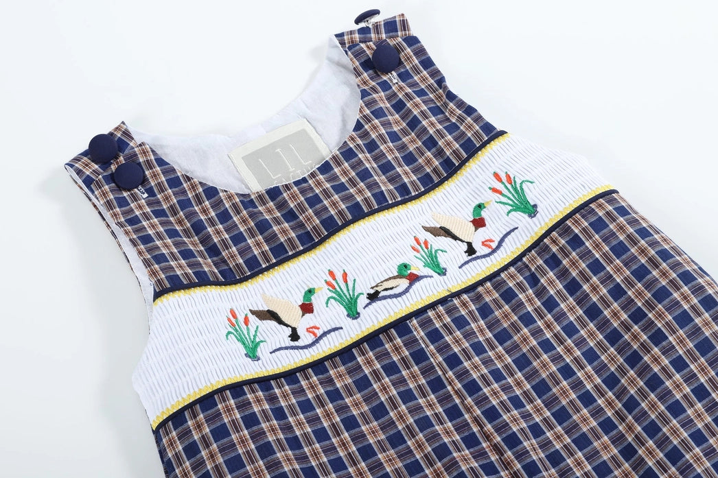 Blue Flannel Plaid Mallard Smocked Overalls