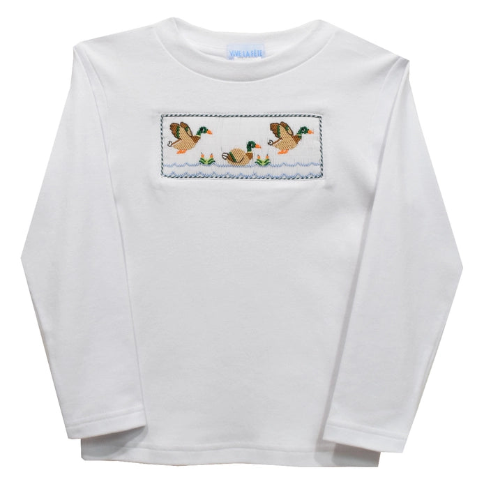 Mallards Ducks Smocked White Knit Long Sleeve Boys T-Shirt