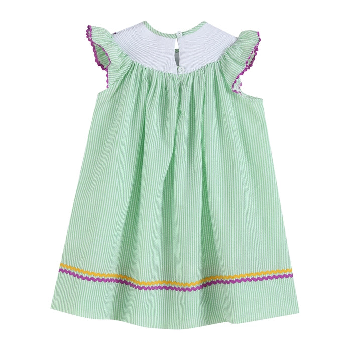 Green and Purple Mardi Gras Smocked Bishop Dress