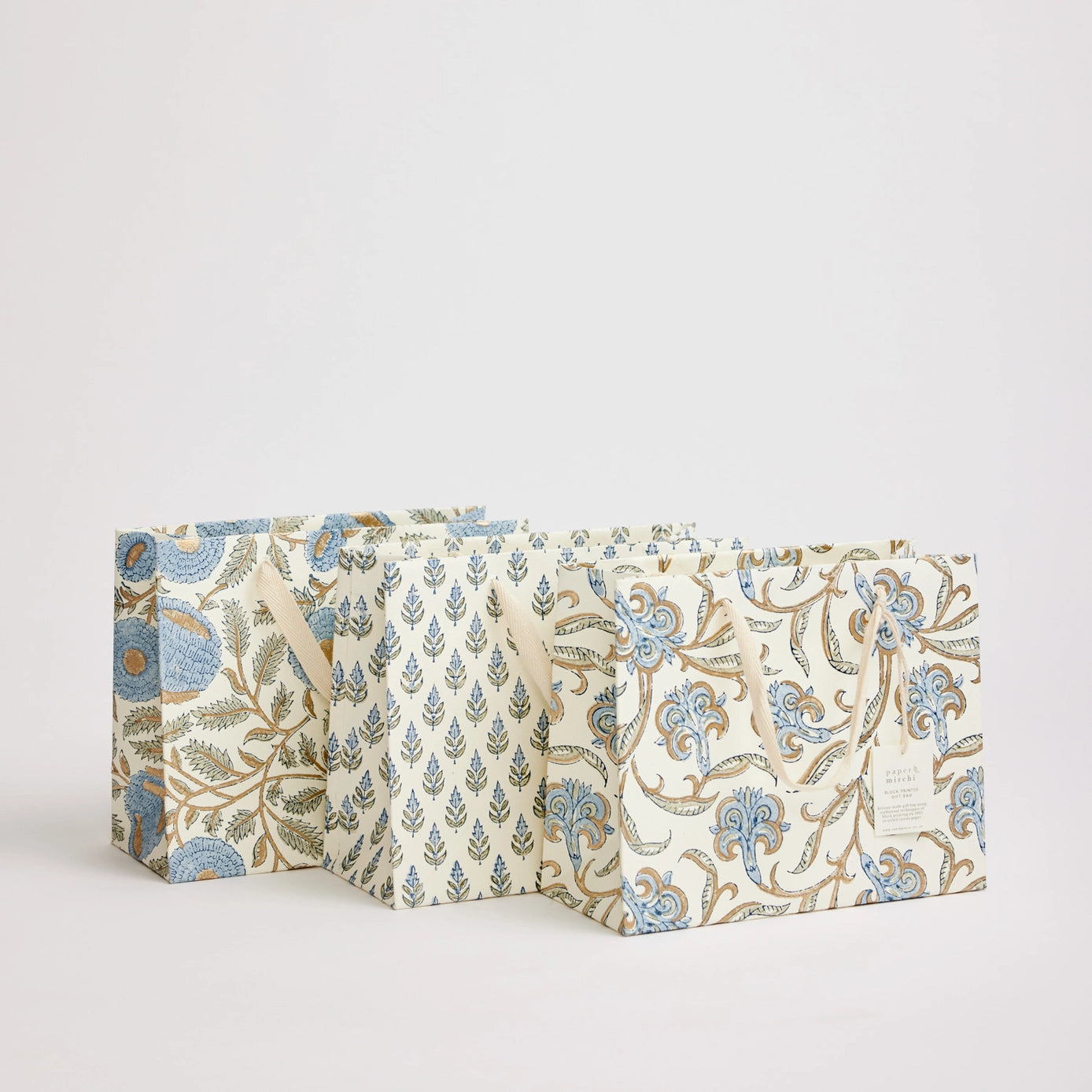 Hand Block Printed Gift Bag - Marigold Glitz Blue Stone