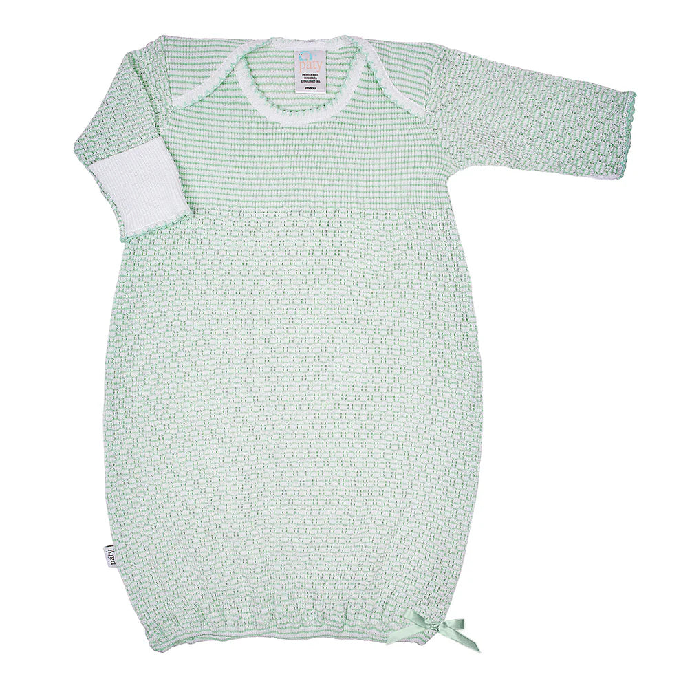 Paty Knit Overlap Shoulder Gown – Mint With Mint Trim and Bow