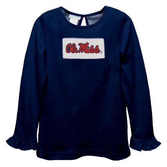 Ole Miss Rebels Smocked Navy Knit Ruffle Long Sleeve T-Shirt