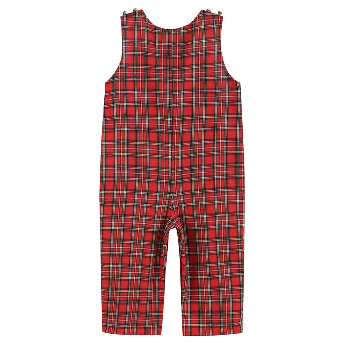 Red Christmas Plaid Santa Sleigh Smocked Overalls