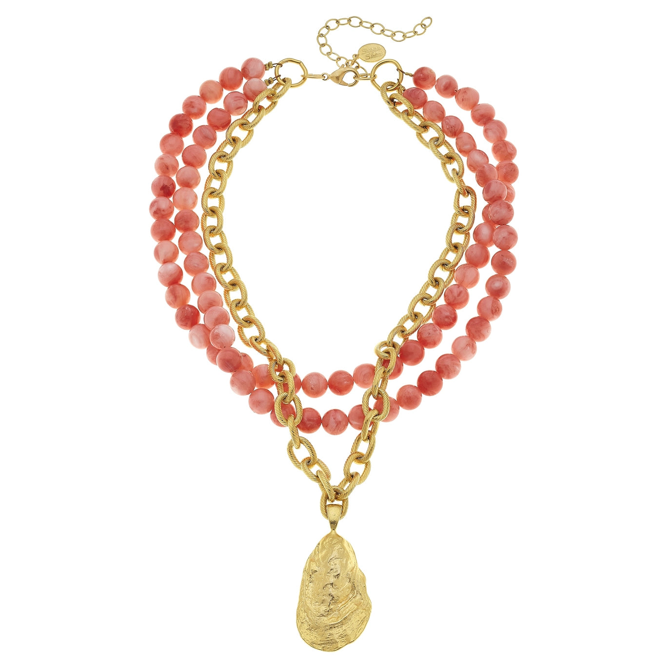 Susan Shaw Gold Oyster Shell and Pink Coral Necklace