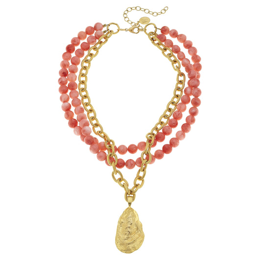 Susan Shaw Gold Oyster Shell and Pink Coral Necklace