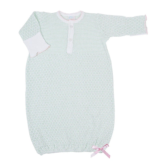 Paty Knit Placket Gown – Mint With Pink Trim and Bow