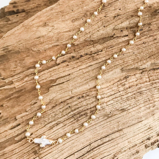 Pearl Bezel Cross Rosary Necklace