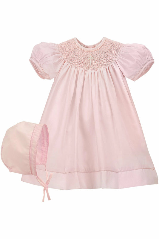 Pink Smocked Pearl Cross Christening Dress & Bonnet
