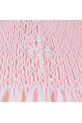 Pink Smocked Pearl Cross Christening Dress & Bonnet