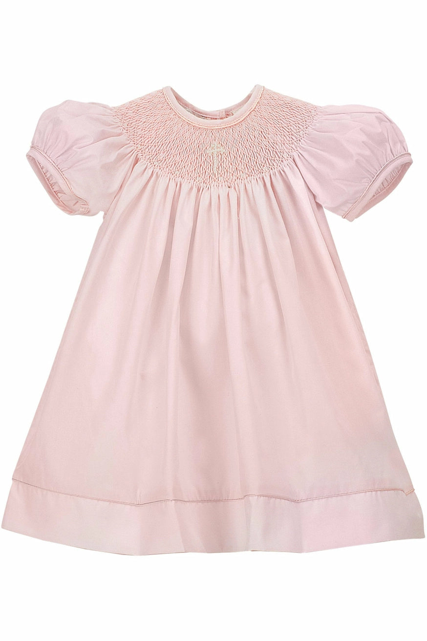 Pink Smocked Pearl Cross Christening Dress & Bonnet