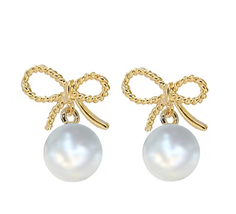 Gold Bow Pearl Drop Earrings