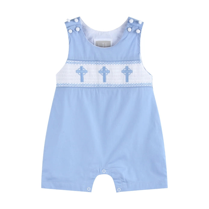 Periwinkle Blue Crosses Smocked Shortalls