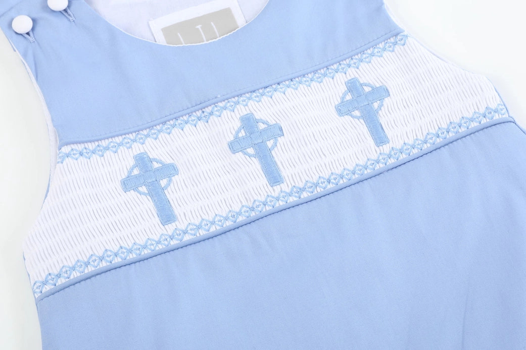 Periwinkle Blue Crosses Smocked Shortalls