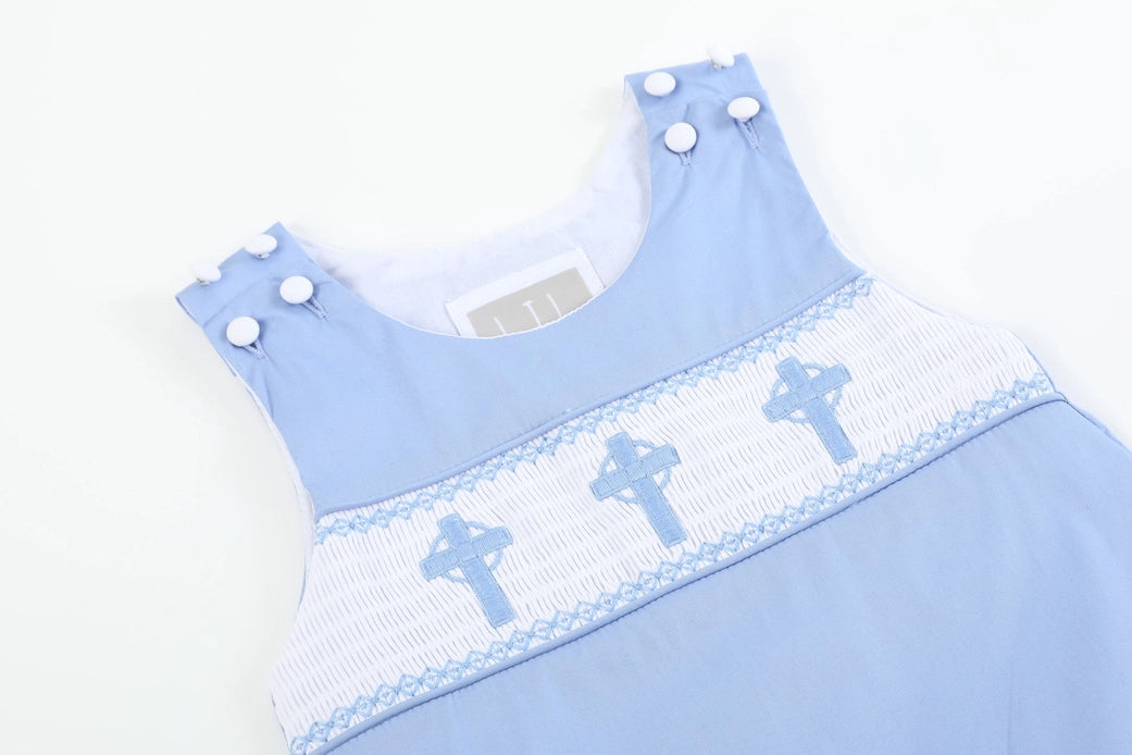 Periwinkle Blue Crosses Smocked Shortalls