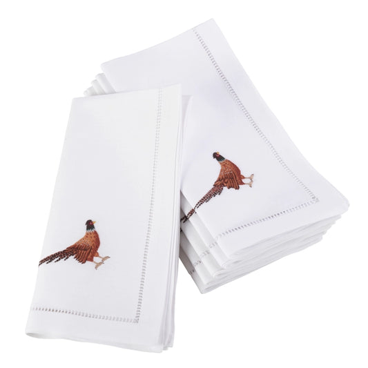 Embroidered Pheasant Hemstitch Napkin