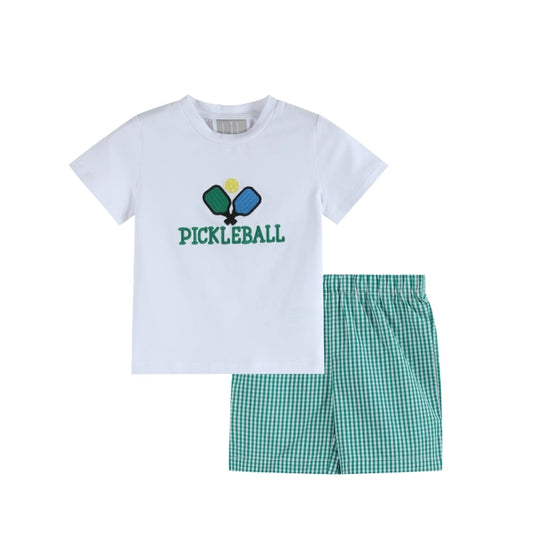 Pickleball T-Shirt and Green Gingham Shorts Set