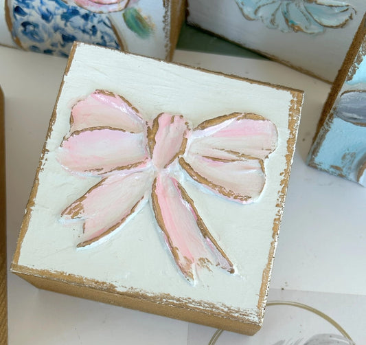 3x3 Hand Painted Pink Bow Wood Block