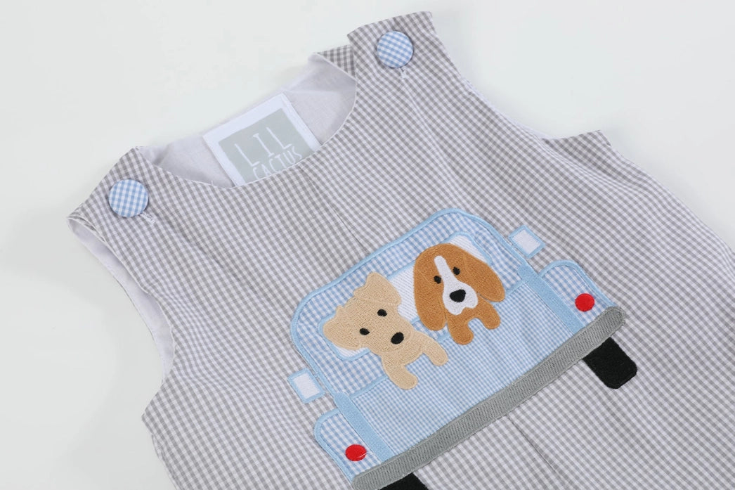 Grey Gingham Puppies in Truck Shortalls