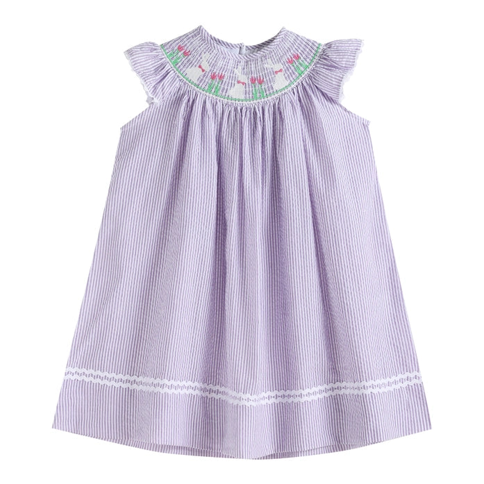 Light Purple Seersucker Easter Bunny Smocked Bishop Dress