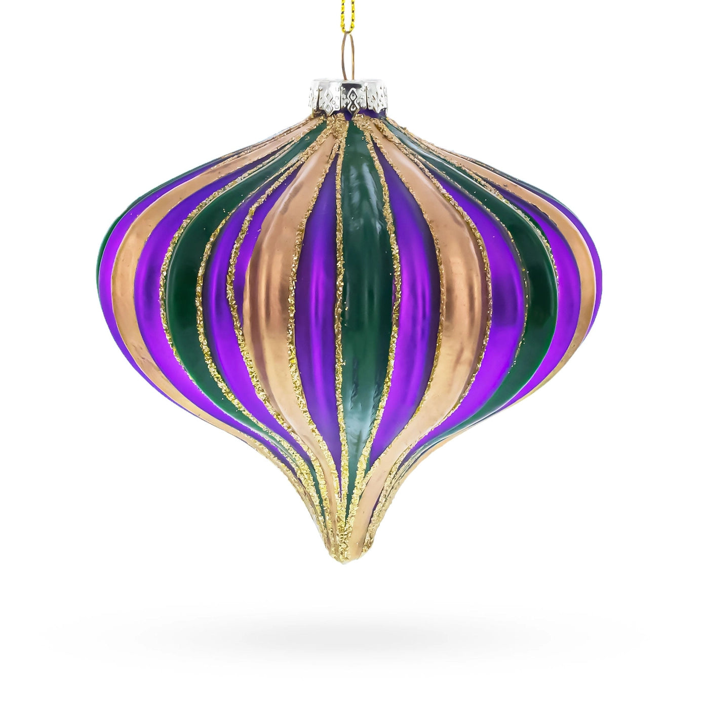 Striped Purple, Green, and Gold Onion Finial Glass Christmas Ornament