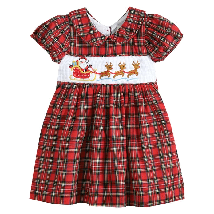 Red Christmas Plaid Santa Sleigh Smocked Dress